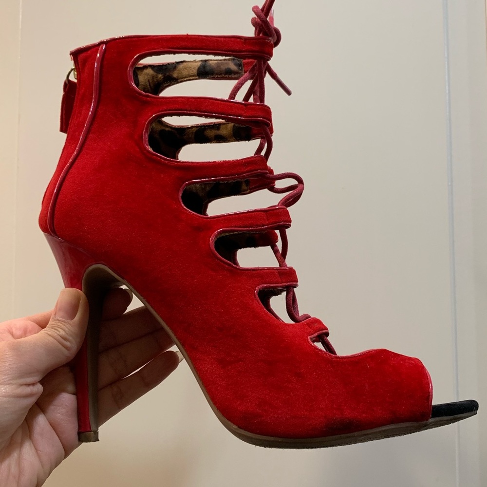 Red Laced up Heels Red Shoes Women’s Shoes - Picture 2 of 6